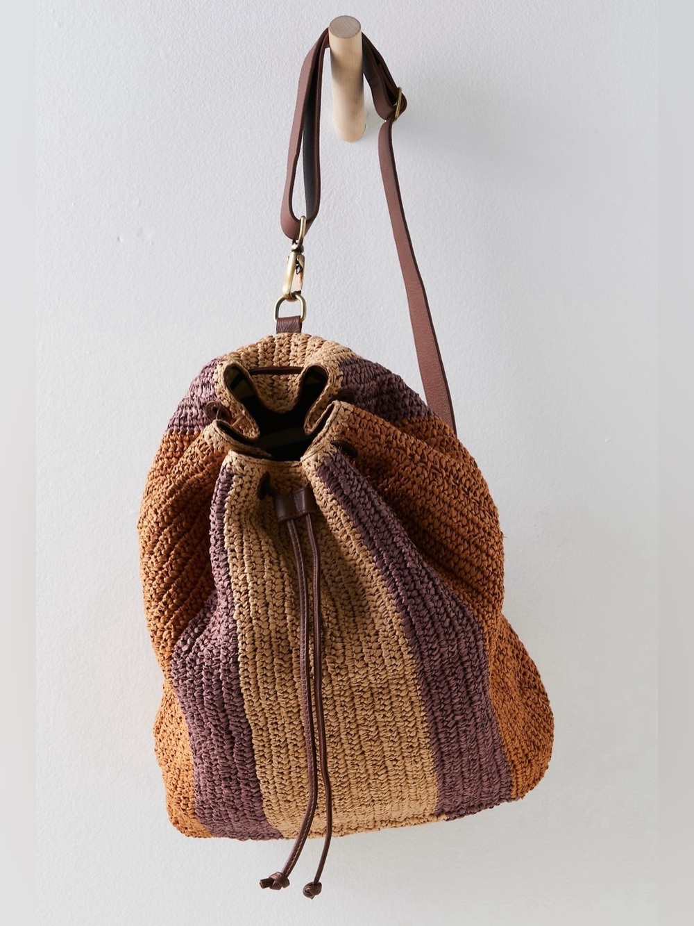 NWOT Free People Summer Breeze Raffia Drawstring Sling Bucket Bag